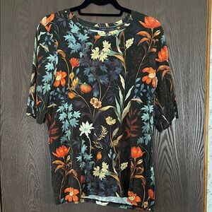 Chico's Black Floral Short Sleeve Tee with Orange & Teal Accents